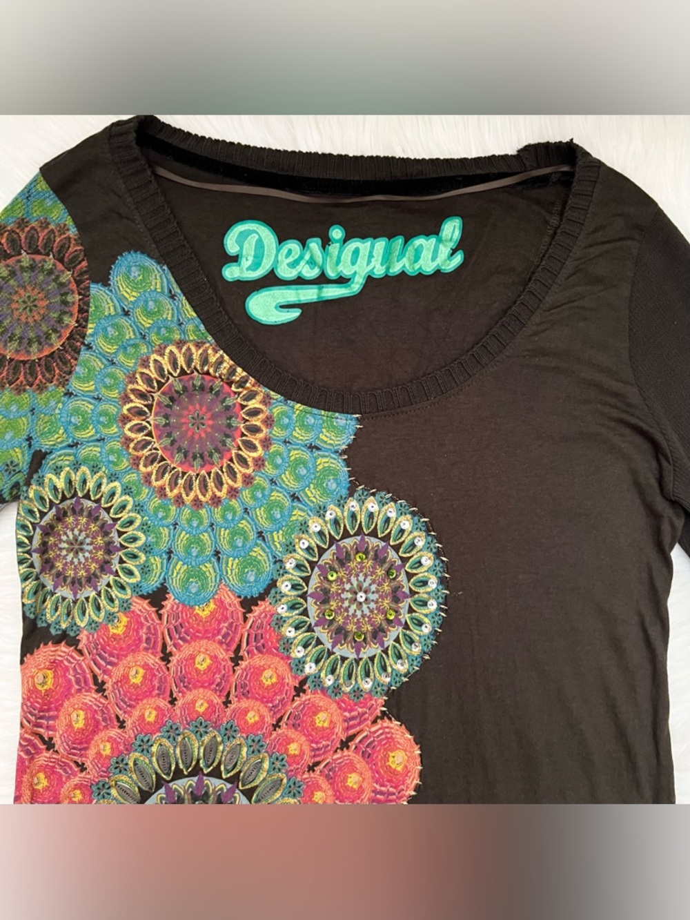Desigual Brown Long Sleeve Tunic Top With Sequin Details & Sweater Sleeves - Picture 4 of 11